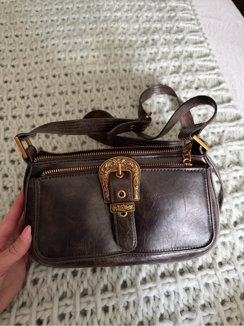 Steve Madden Dark Brown Leather Crossbody with Decorative Gold Buckle